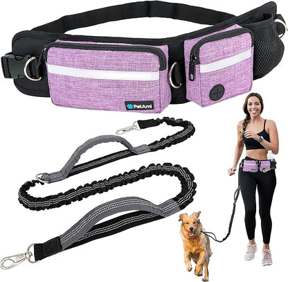 PetAmi Hands Free Dog Leash, Running Leash Belt Bag for Walking, Jogging, Waist Double Zipper Pouch with Poop Dispenser, Dual Padded Handles Reflective Bungee Single, Purple, 1 Leash