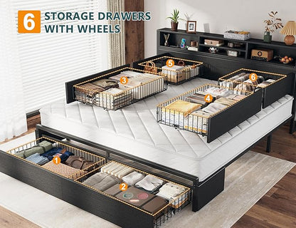 EnHomee King Size Bed Frame with 6 Storage Drawers King Bed Frame and Headboard, Storage Bed with Charging Station, No Noise,No Box Springs Needed,Black