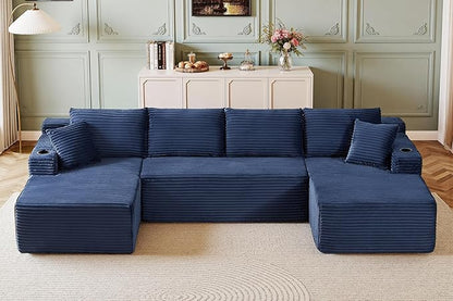 133" Couches for Living Room Deep-Seat Sectional Couch for Living Room Corduroy Boneless Couchs U-Shape Cloud Couch Flexible Modular Sectional Sofa with Chaise Lounge (Blue, with Cup Holder)