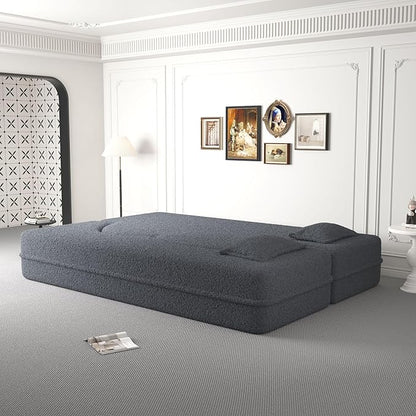 SZLIZCCC 78'' Modern Floor Sofa Bed, Convertible Teddy Fabric Sleeper with 2 Pillows, Modern Teddy Fabric Floor, Foam Folding Mattress for Living Room, Guest Bed, Playroom & Small Spaces (Grey)