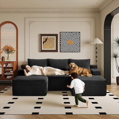 96" Sectional Couches for Living Room Cloud Couch Sofa with L-Shape Upholstered Boneless Couchs Modern Modular Sectional Couch with Chaise (Black, 96" W+Right Facing Chaise+2Seaters+Ottoman)