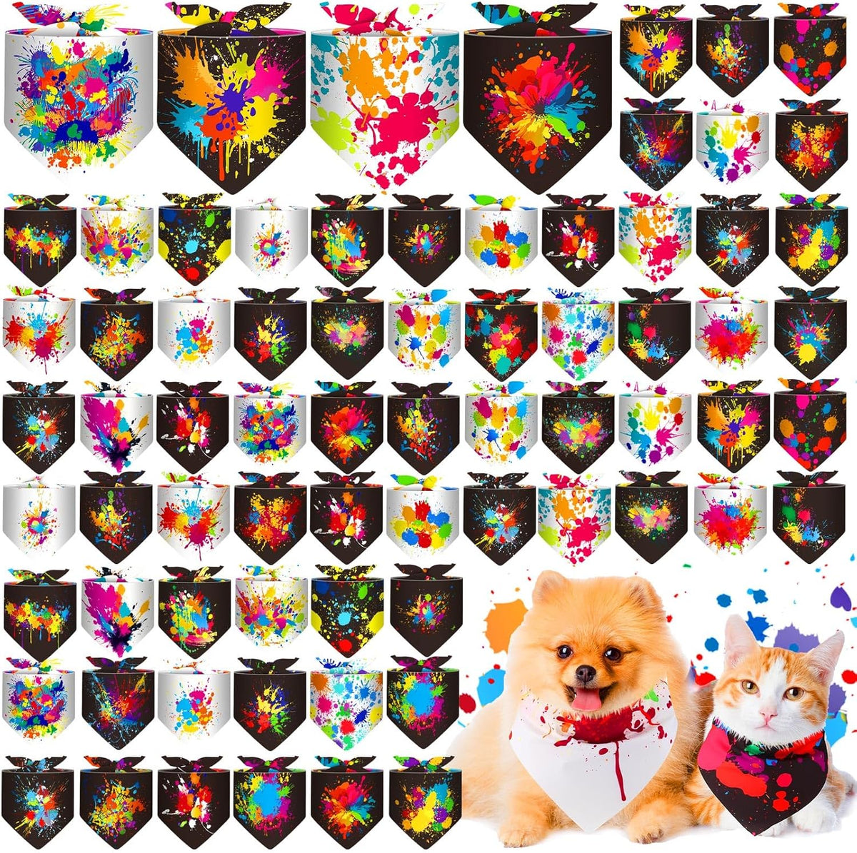 Reginary 72 Packs 4th of July Dog Bandanas Bulk America Flag Patriotic Pet Bandanas Triangle Scarf Bibs Adjustable Dogs Bandana for Pet Independence Day(Ink Splash Pattern)