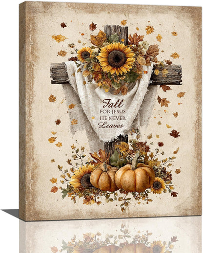Christian Fall Wall Art Autumn Rustic Cross Sunflower Pumpkin Wall Decor Fall for Jesus He Never Leaves Pictures Painting Print Framed Artwork Decorations Gifts for Living Room Bedroom Prayer Room Office 16"x20"