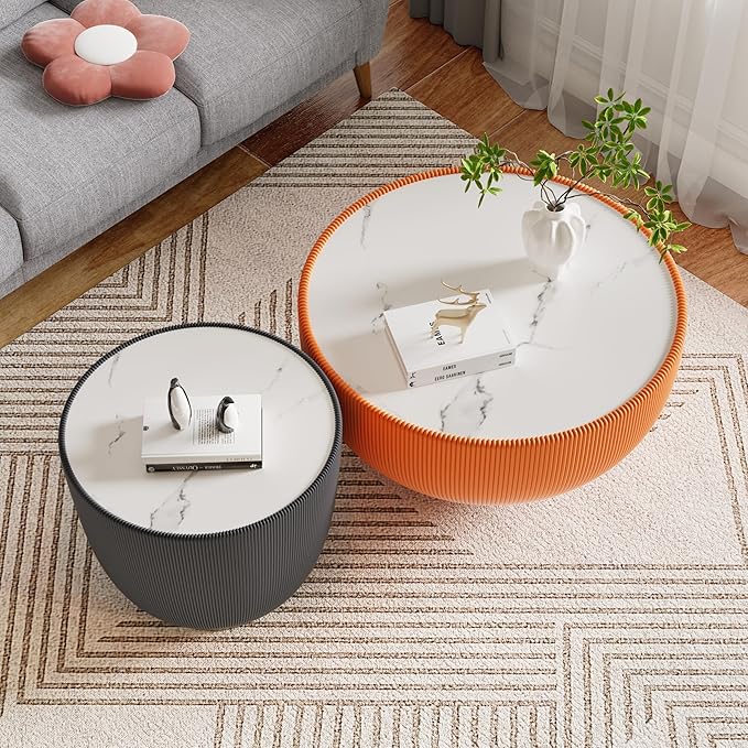 Round Coffee Table Set with Sintered Stone Tabletop, 29.53" Orange Drum Center Table and 19.69" Grey Coffee Table Set, 2 Pieces Living Room Table Set with Fluted PU Leather Cover& Metal Base