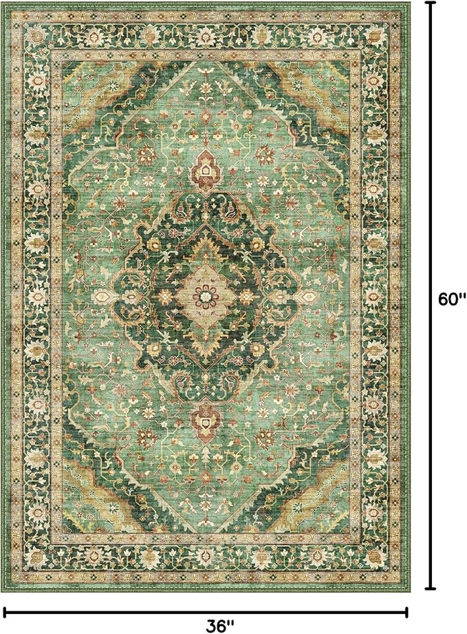 Deerly Green Rug 3x5 Area Rug with Non-Slip Backing, Washable Rugs for Bedroom Living Room Kitchen, Distressed Carpet Printed Low-Pile Soft Dorm Rug Room Decor(Border Green)