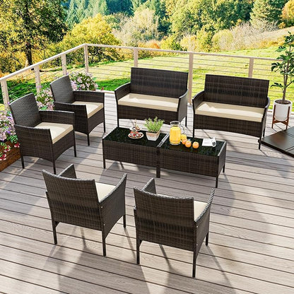KOTEK 8 Piece Patio Furniture Set, Outdoor Rattan Conversation Set with Loveseat, Wicker Chairs, Tempered Glass Coffee Table, Wicker Patio Set for Backyard, Porch (Beige)
