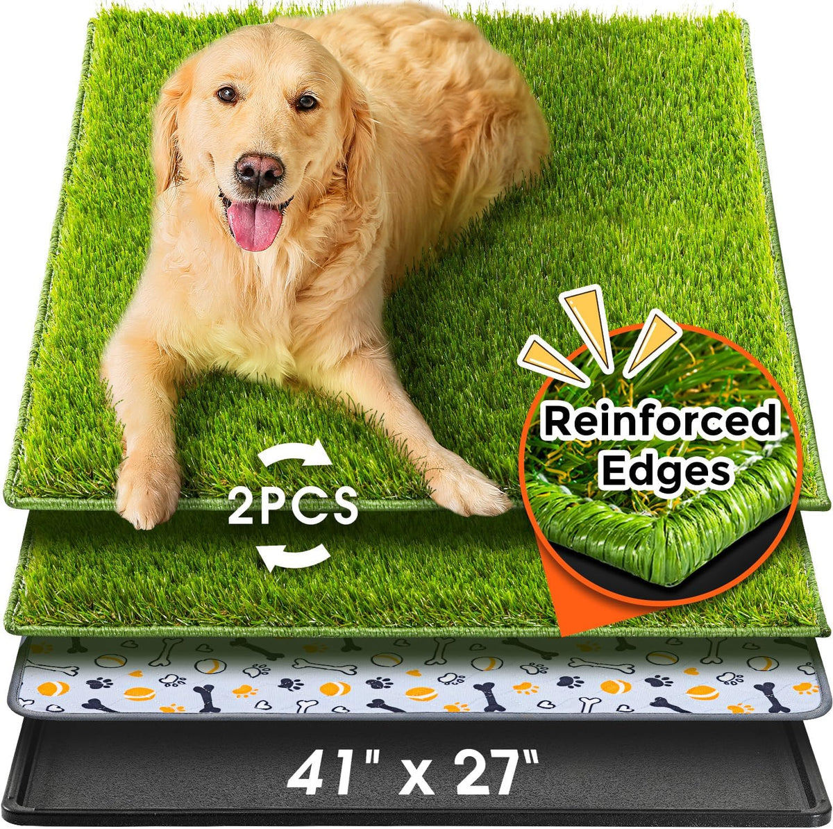 Hompet Dog Grass Pad with Tray Large, 41"x27", 2 Reusable Artificial Turf for Dogs Potty, Waterproof Non-Slip Washable Pee Pads, Quickly Absorbency Portable Dog Litter Box for Indoor/Outdoor Use