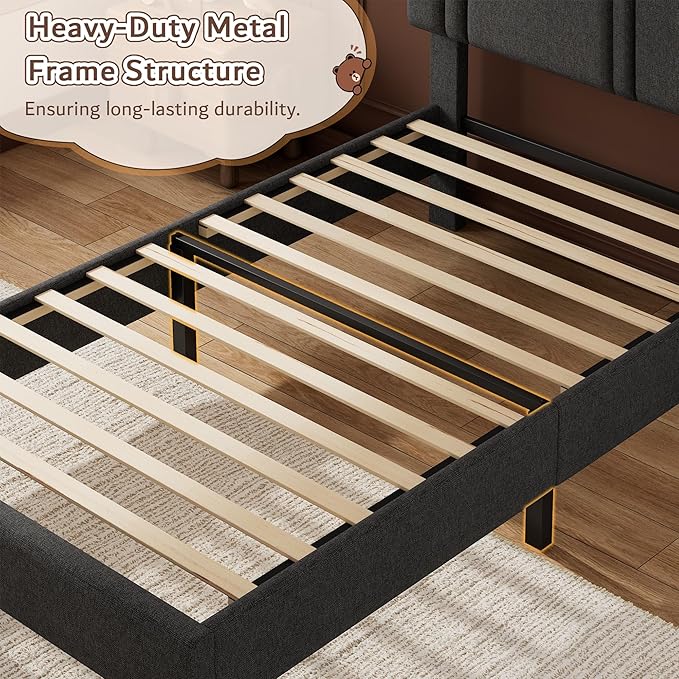 iPormis Twin Platform Bed Frame with Fabric Upholstered Headboard & Thickened Legs, Mattress Foundation with Solid Wooden Slats Support, No Box Spring Needed, Noise Free, Dark Grey