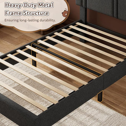 iPormis Twin Platform Bed Frame with Fabric Upholstered Headboard & Thickened Legs, Mattress Foundation with Solid Wooden Slats Support, No Box Spring Needed, Noise Free, Dark Grey