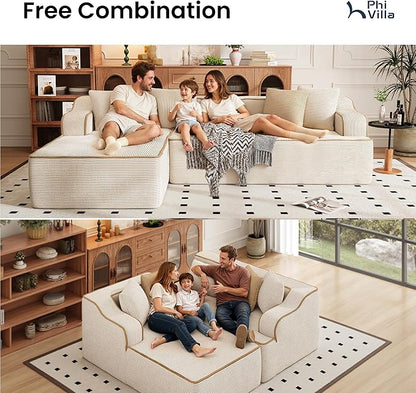 PHI VILLA 104" Cloud Sectional Sofa, Modern L-Shaped Couch with Deep Seat, Compressed Couches for Apartment Living Room, No Assembly Required, Corduroy, Beige