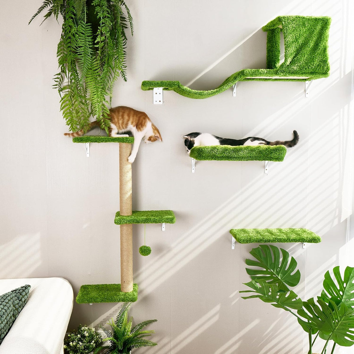 FUKUMARU Cat Wall Shelves, Stable & Safe 4 in 1 Cat Furniture Set, Wooden Climbing Wall with Scratching Post, Bridge and Bed, Stylish Jungle Gym for 16 Inch Drywall - Green
