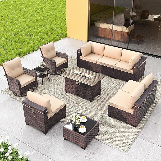 Gotland 11 Pieces Patio Furniture Set with Fire Pit Table Swivel Chairs, PE Rattan Outdoor Furniture with 29.5'' High Backrest 4’’ Thick Cushions, Outdoor Sectional for Porch, Deck, Garden, Khaki
