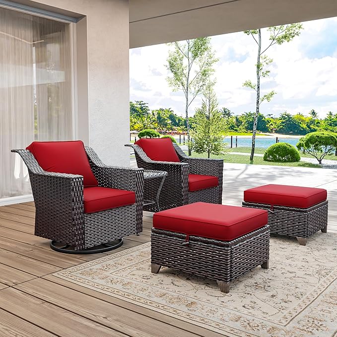 5 Pieces Wicker Patio Furniture, Luxury Outdoor Furniture with 2 Patio Swivel Chair, 2 Patio Ottoman and 1 Side Table, Wide Armrest, Thickened Cushions, Ideal for Deck, Porch Use