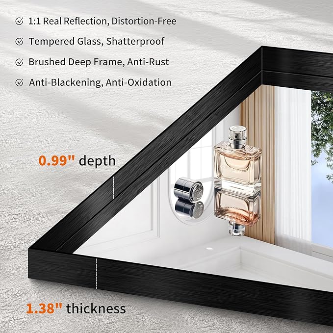 CIRCUMI Black Bathroom Mirror, Brushed Finish, Tempered Glass, Square Mirror