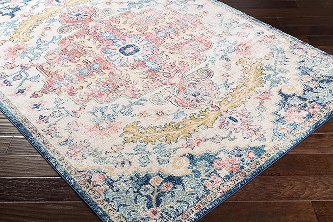 Livabliss Area Rugs - 8x8 Odelia Vintage Boho Aqua Burgandy Blue Square Area Rug for Living Room Bedroom - Floral Medallion Stain Resistant Carpet for Kitchen, Nursery, Office (7'10" Square)