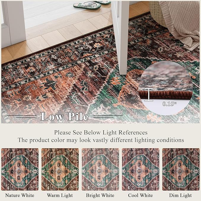 Lahome 8x10 Ultra-Thin Living Room Rug （Non-Slip Washable Non-Shedding）（Oriental Vintage Distressed Carpet for Dining，Bedroom，Office）