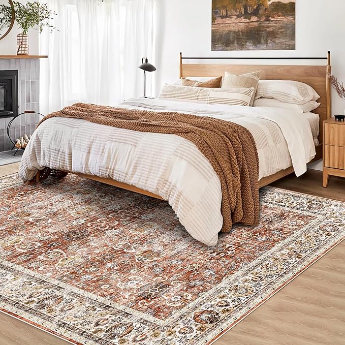 Deerly 6x9 Vintage Rugs for Dining Room, Washable Rugs Non Slip Large Area Rug for Living Room Bedroom Office, Floor Decoration Big Rug Mat Low-Pile Kid & Pet Friendly(Brick Red)