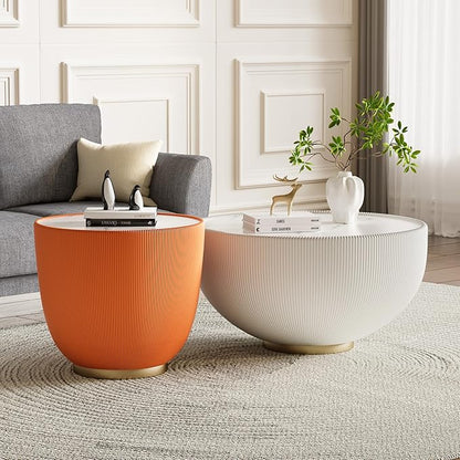 Round Coffee Table Set with Sintered Stone Tabletop, 27.56" White Drum Center Table and 19.69" Orange Coffee Table Set, 2 Pieces Living Room Table Set with Fluted PU Leather Cover& Metal Base