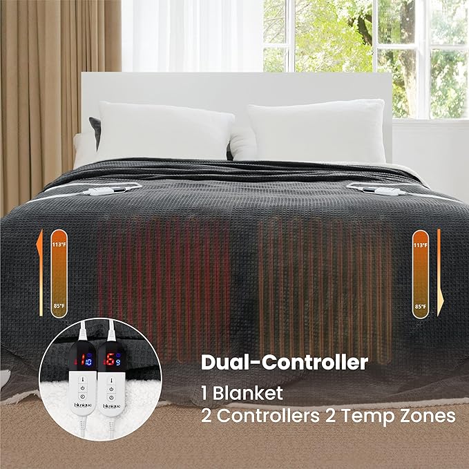 Heated Blanket Electric Blanket King Waffle, 90x100 Inches Dual Controllers