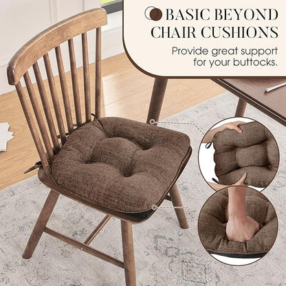 Basic Beyond Chair Cushions for Dining Chairs 4 Pack, Chair Cushion with Ties and Non Slip Backing, 15.5 x 15.5 inches Tufted Chair Pads for Dining Chairs(Brown)