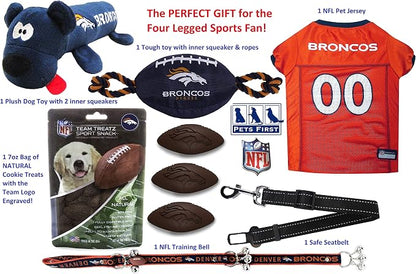 NFL Denver Broncos PET GIFT BOX with 2 Licensed DOG TOYS, 1 Logo-engraved NATURAL DOG TREAT, 1 NFL JERSEY, 1 NFL Puppy Training Bells & 1 Car Seatbelt