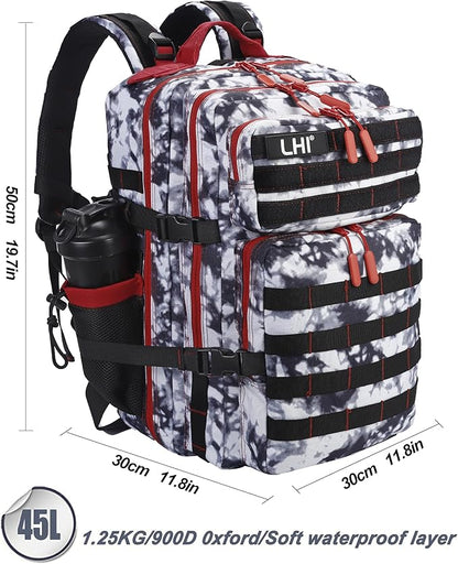 LHI Military Tactical Backpack for Men and Women 45L Army 3 Days Assault Pack Bag Large Rucksack with Molle System Black and white