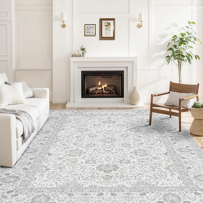 Neutral Area Rugs 8x10 for Living Room Vintage Rug Boho Floral Modern Washable Area Rug with Non-Slip Backing Large Carpet for Bedroom Dining Room Light Grey