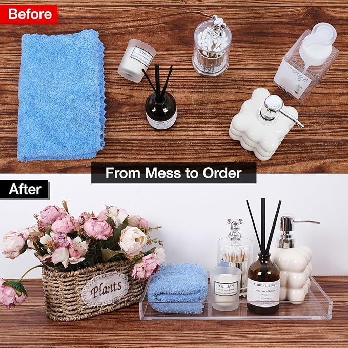Clear Acrylic Tray 5mm Thicken for Vanity Makeup, Perfume, Jewelry Holder, Napkin, 12x6'' Decorative Serving Tray for Bathroom, Toilet Tank, Sink Countertop, Living Room,Dresser, Coffee Table,Wedding