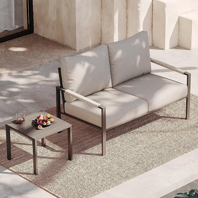 Sundale Outdoor 2 Pieces Metal Outdoor Furniture Set, Patio Loveseat with 6 Inch Cushions and Coffee Table, All- Weather Patio Sofa for Garden, Backyard, Porch or Balcony, Light Grey