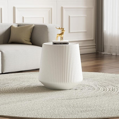 White Round Coffee Table with Sintered Stone Tabletop, 17.71" Drum Coffee Table with Fluted PU Leather Covered and Stable Base, Circle Cocktail Tea Table for Living Room