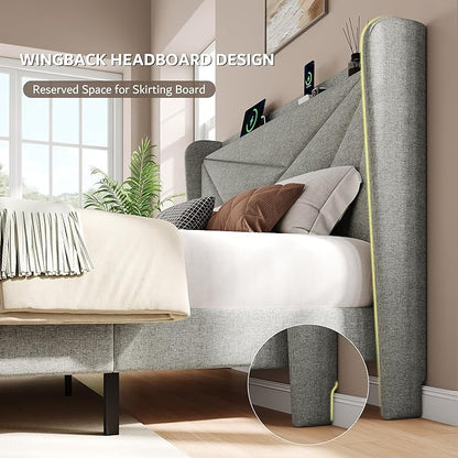 iPormis Queen Size Bed Frame with Charging Station, Linen Platform Bed Frame with Wingback Headboard Upholstered Bedframe, Solid Wood Slats Support, No Box Spring Needed, Easy Assembly, Light Grey