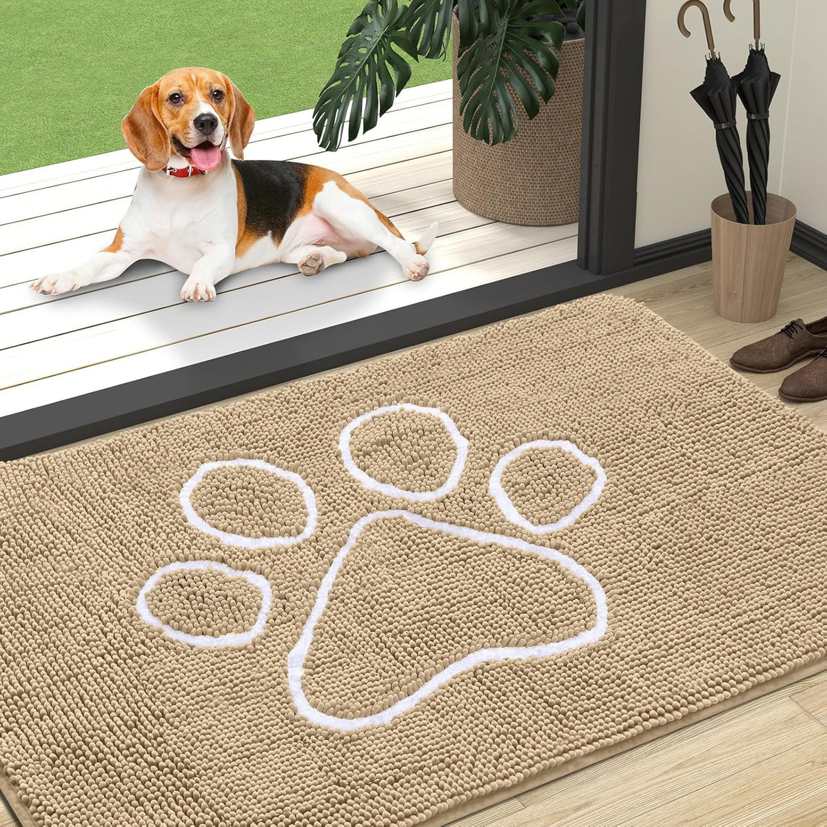 OLANLY Door Mat for Muddy Dog Paws 47x32, Ultra Absorbent Chenille Mud Doormat with Paw Print Design, Non-Slip Washable Doormat for Indoor Entryway, Quick-Dry Pet Bed Mats for Dirty Dogs, Beige