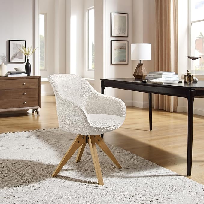 Art Leon Swivel Accent Chair - Mid Century Modern Desk Chair No Wheels, Boucle Fabric Upholstered Armchair with Natural Oak Wood Lges, White