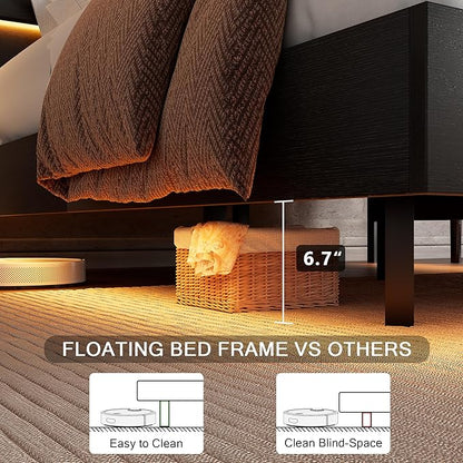 Floating Bed Frame Queen Size with Led Headboard and Charging Station, Metal Platform Bed Base with Storage, Remote Control, Heavy Slats Support, No Box Spring Needed, Noise Free, Black