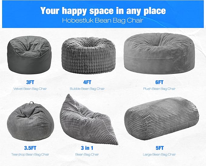 Hobestluk 5FT Bean Bag Chairs Adult Bean Bag with Portable Handle Comfy Large Bean Bag Lounge Chair with Removable Cover for Living Room Bedroom (Stripe Grey, 5FT)