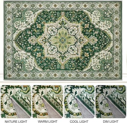 Area Rugs 5x7 - Machine Washable Vintage Oriental Soft Rug, Low Pile Thin Floor Carpet with Non Slip Backing for Living Room, Bedroom,Dorm, Kitchen, Indoor House, Office Rolling Chair