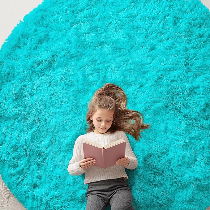 OLANLY Teal Blue Round Rugs for Bedroom - Machine Washable, 7 ft Circle Area Rugs for Living Room, Soft and Fluffy Shaggy Carpet for Teen Girls and Boys, Nursery Rooms, Dorms, Home Decor Aesthetic