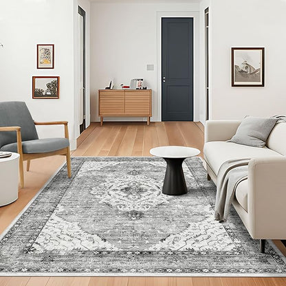 Deerly 5x8 Rugs for Bedroom Living Room - Machine Washable Rugs Large Non-Slip Family & Pet Friendly Area Rugs Carpet Oriental Neutral Print Floor Rug Border Grey/Navy
