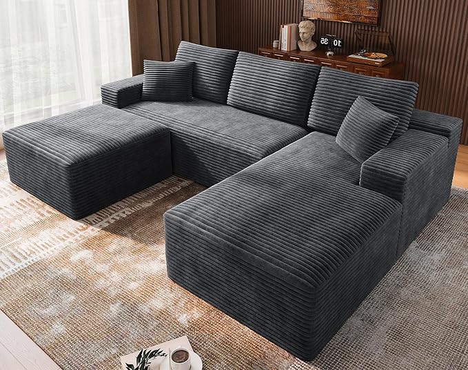 3-Piece Boneless Modular Sectional Sofa, Cloud Couch, Right Facing Chaise with Ottoman, Oversized Deep Seat, Soft Corduroy Fabric, Sectional Couch for Living Room-Grey