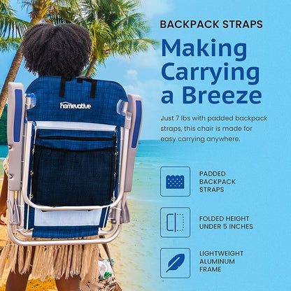 Homevative Backpack Fold-Up Beach Chair, 5 Positions, Towel bar, Cooler, Storage Pouch, Cup Holder and Phone Pocket