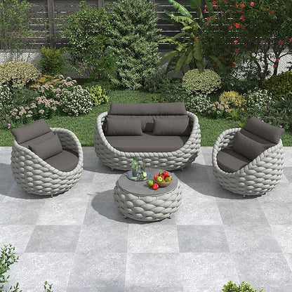 Erotr Aluminum Patio Furniture Set: 4 Pieces Woven Rope Outdoor Conversation Sofa Set Assembled - Modern Cushioned Armchair Couch Set for 660lbs Porch Deck Backyard Poolside Garden Drawing Room Hotel