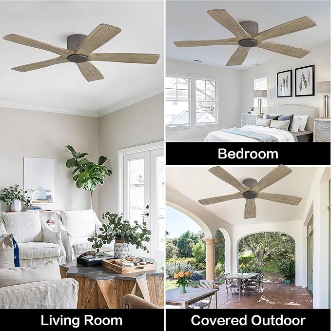 WINGBO 54" Flush Mount DC Ceiling Fans without Lights, 5 Carved Solid Wood