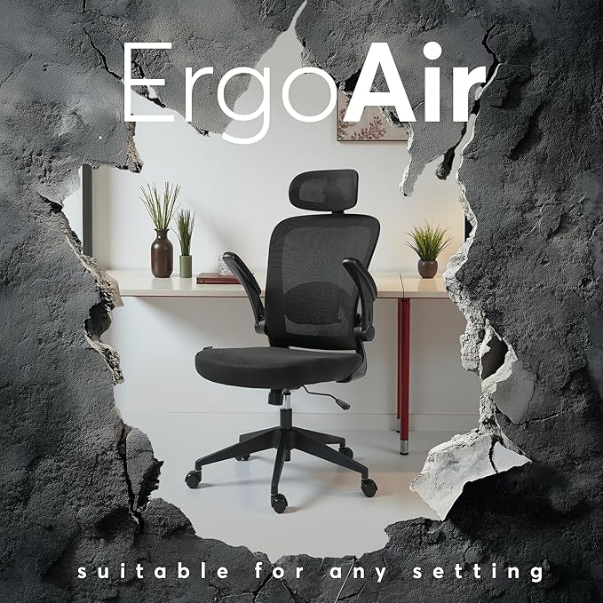 Oline ErgoAir Ergonomic Office Chair – Adjustable Lumbar Support, Flip-Up Armrests, Mesh Computer Desk Chair, Swivel Rolling Executive Gaming Chair for Home & Office (Black)