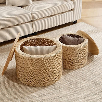 LZAREAL Farmhouse Round Coffee Table with Storage Boho Living Room Table with Lifting Top Hand-Woven Rattan Nesting Coffee Tables for Living Room, Natural