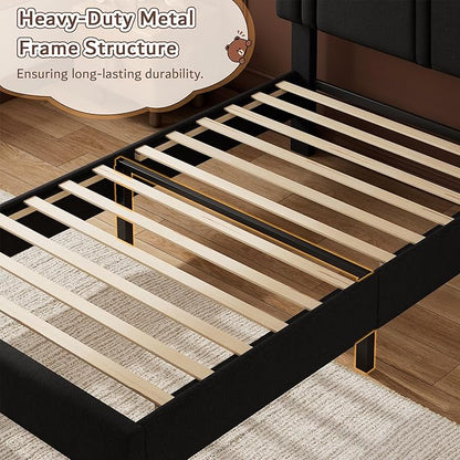 iPormis Twin Platform Bed Frame with Fabric Upholstered Headboard & Thickened Legs, Mattress Foundation with Solid Wooden Slats Support, No Box Spring Needed, Noise Free, Black