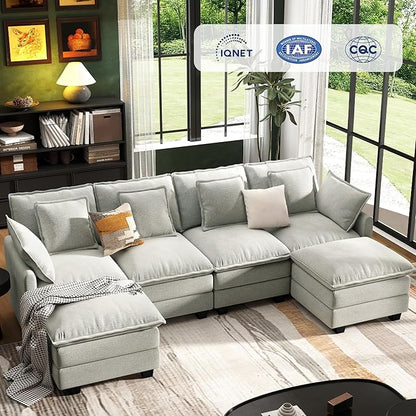 107" Cloud Couch Sectional, U Shaped Modular Sectional Sofa, 4-Seat Deep Seat Couch with 6 Removable Washable Pillows and 2 Ottoman for Living Room, Bedroom, Apartment, Light Grey