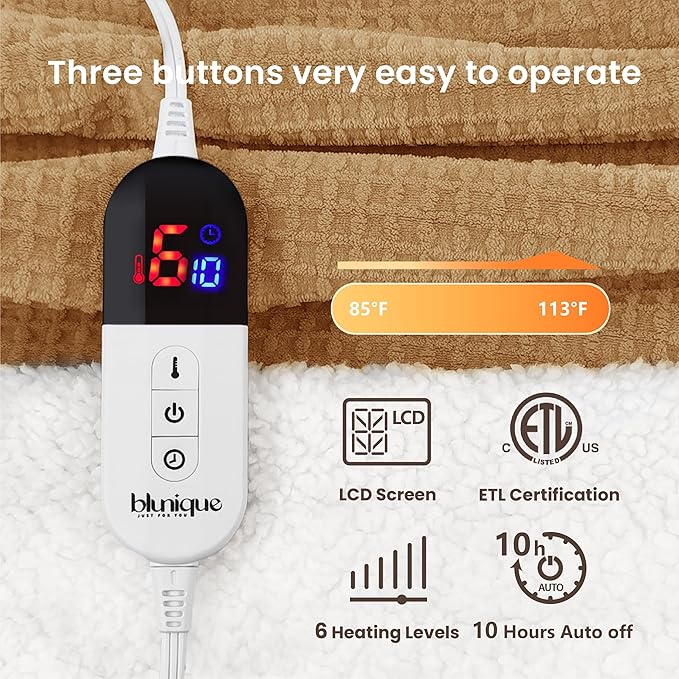 Heated Blanket Electric Blanket Full Waffle, 72x84 Inches Sherpa Fleece Fast