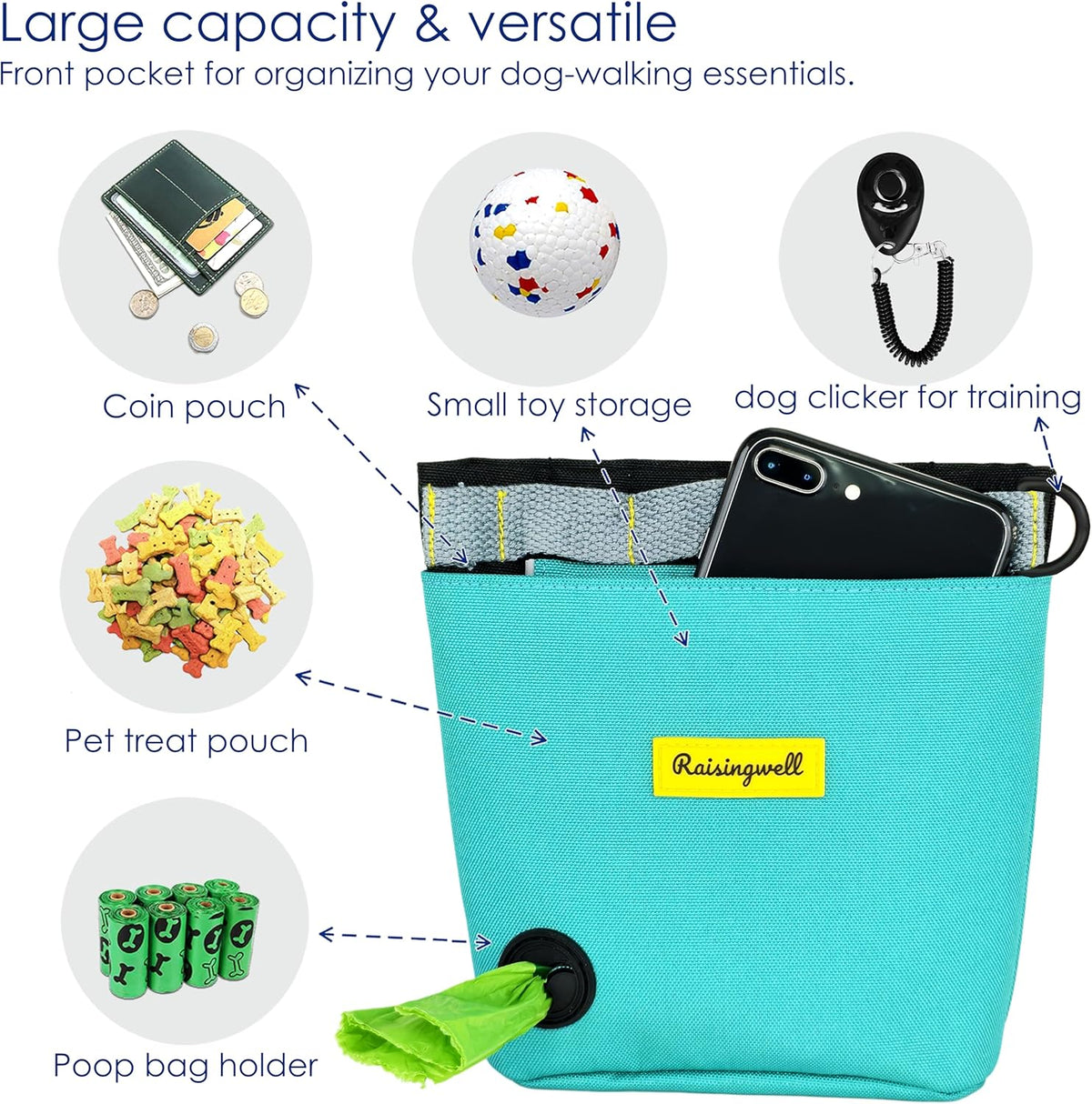Dog Treat Pouch for Pet Walking and Training with Clicker 2 Cup Silicone Bag Small Fanny Pack Holder for Puppy Snack Dispenser Kit for Leash and Outdoor Use (Green)