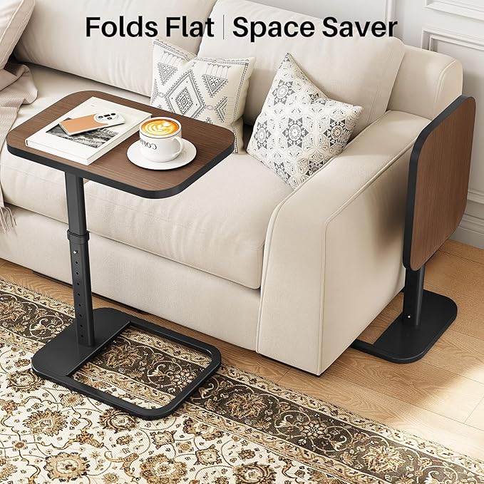 Kitstorack TV Tray Table, Adjustable Height & Rounded Metal Corners, Snack Table for Couch, Sofa, Bed, Chair, Living Room, C Shaped End Side Table for Eating, Dinner or Laptop, Small Spaces, Espresso