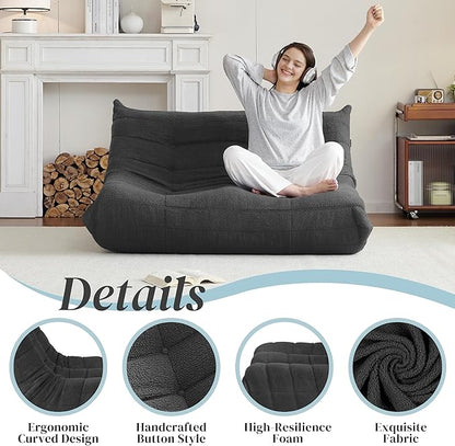 Bean Bag Chair, Loveseat Fireside Chair Bean Bag Sofa for Adults, 2 Seater Bean Bag Chairs for Teens with High-Resilience Foam, Memory Foam Bean Bag for Living Room, Bedroom, Office (Teddy, Dark Gray)